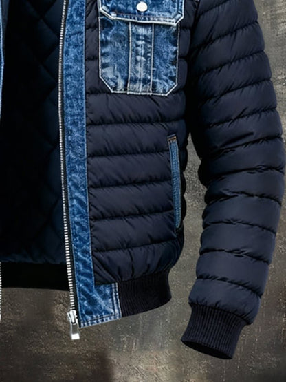 Veste en jean homme matelassée, coupe bomber à bords côtes