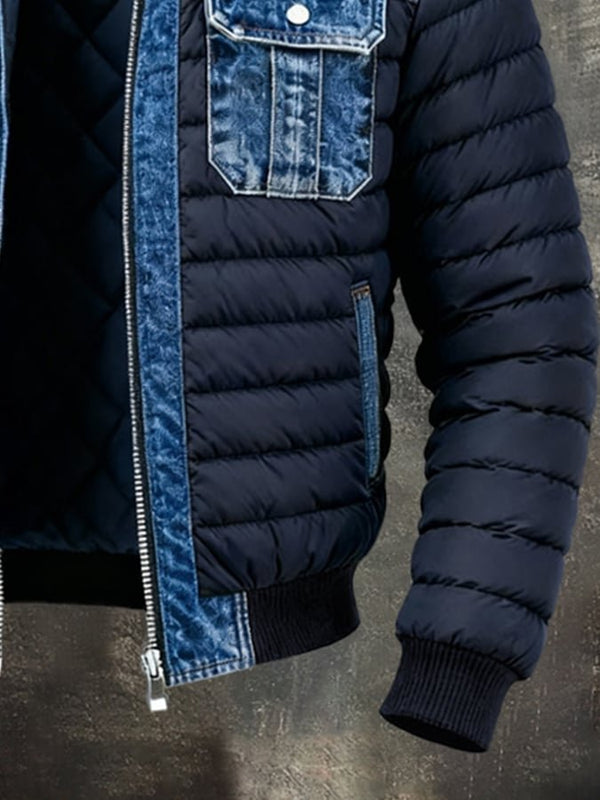 Veste en jean homme matelassée, coupe bomber à bords côtes