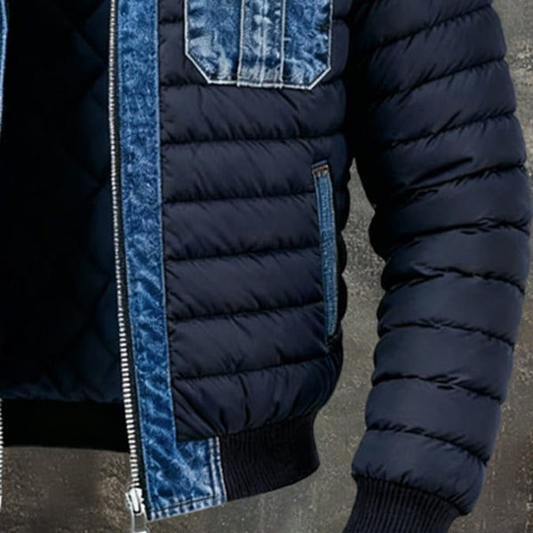 Veste en jean homme matelassée, coupe bomber à bords côtes
