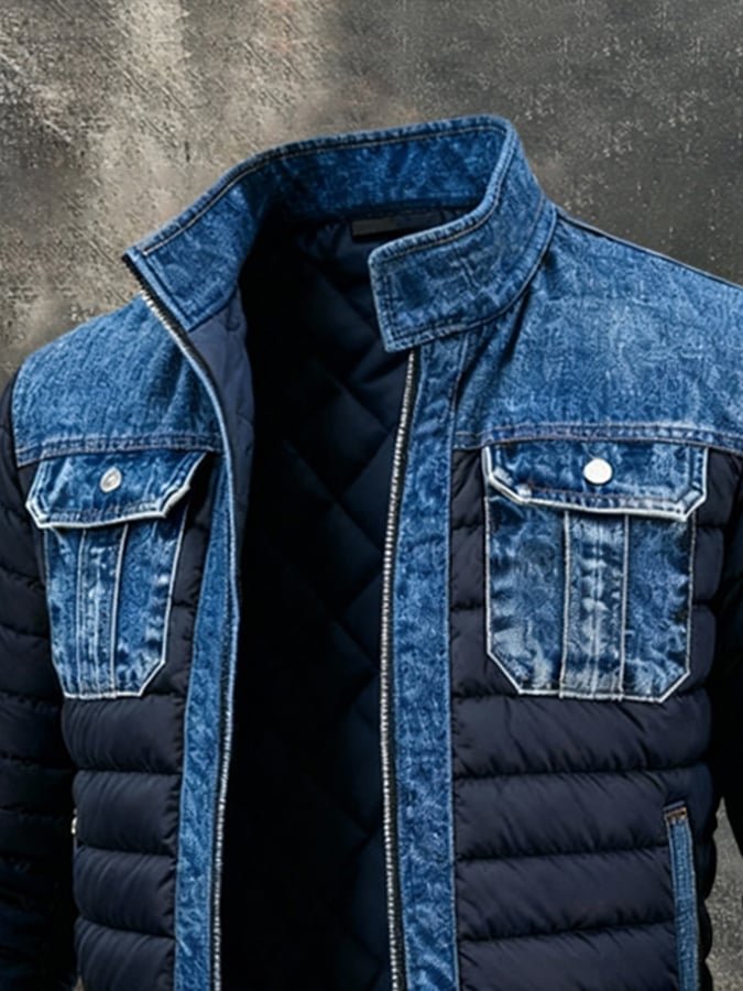 Veste en jean homme matelassée, coupe bomber à bords côtes