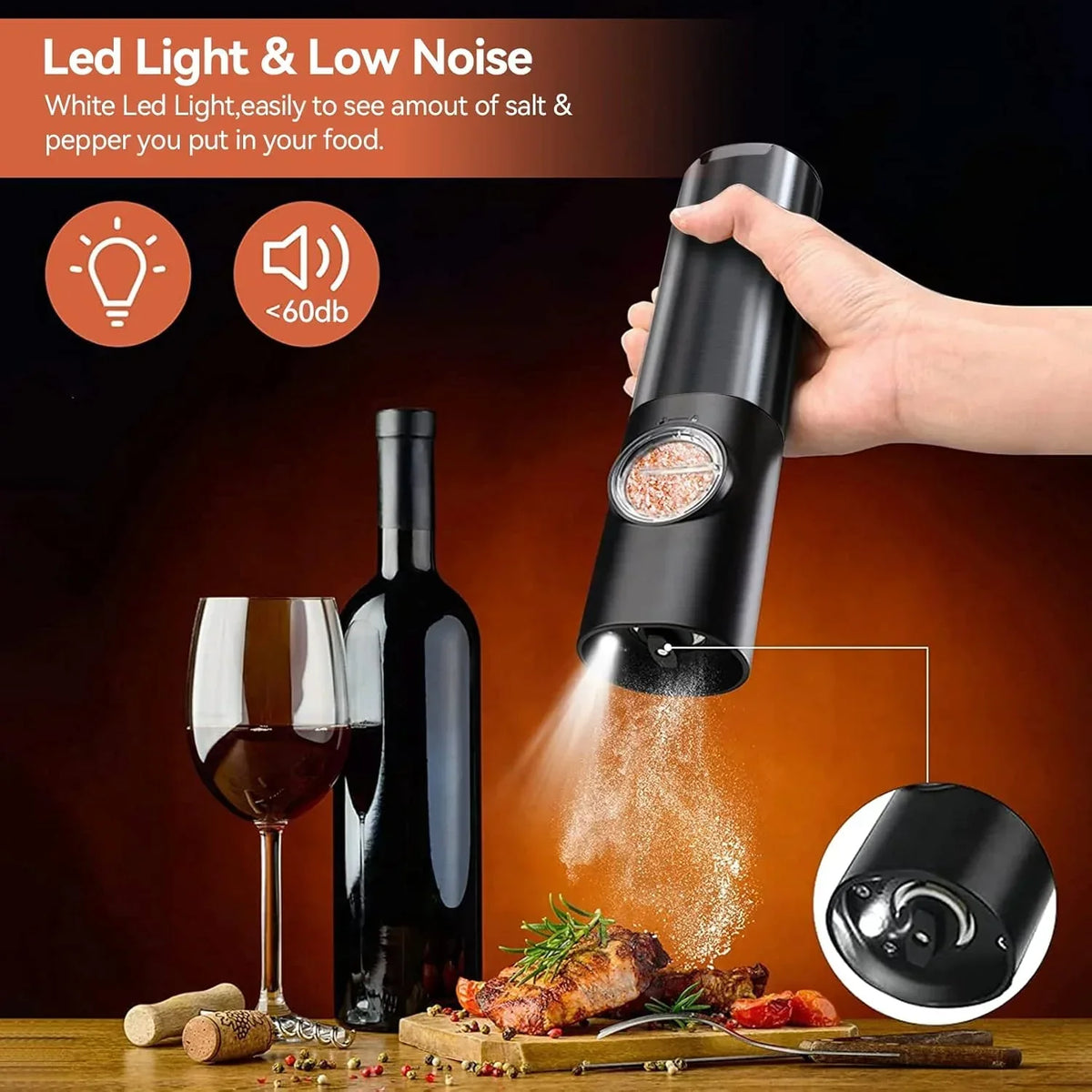 Moulin à sel et poivre électrique - Rechargeable - LED - Réglable