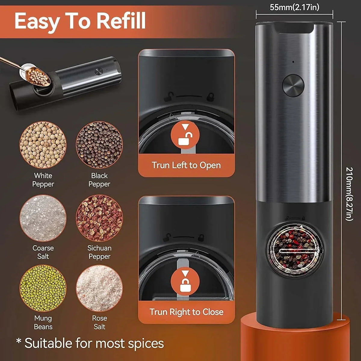 Moulin à sel et poivre électrique - Rechargeable - LED - Réglable