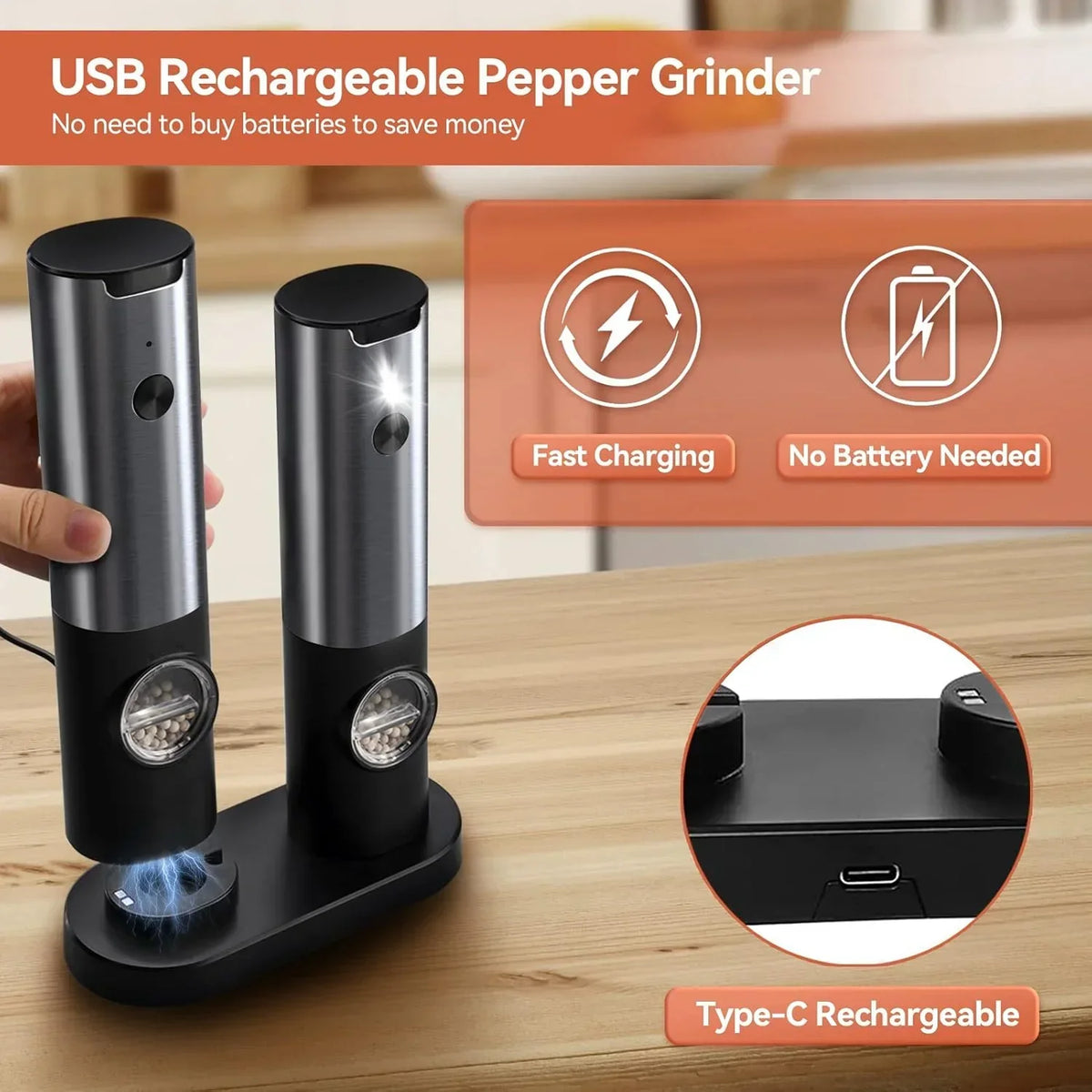 Moulin à sel et poivre électrique - Rechargeable - LED - Réglable