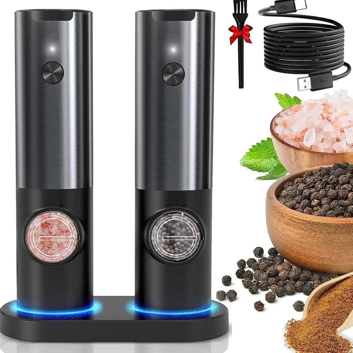 Moulin à sel et poivre électrique - Rechargeable - LED - Réglable