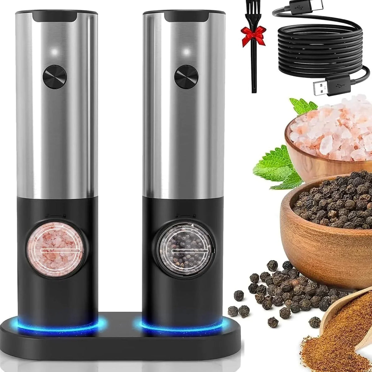 Moulin à sel et poivre électrique - Rechargeable - LED - Réglable