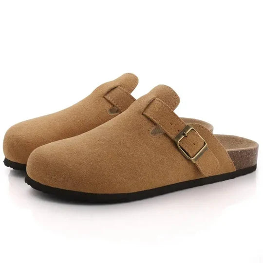 Chaussons femme en daim et liège à brides réglables