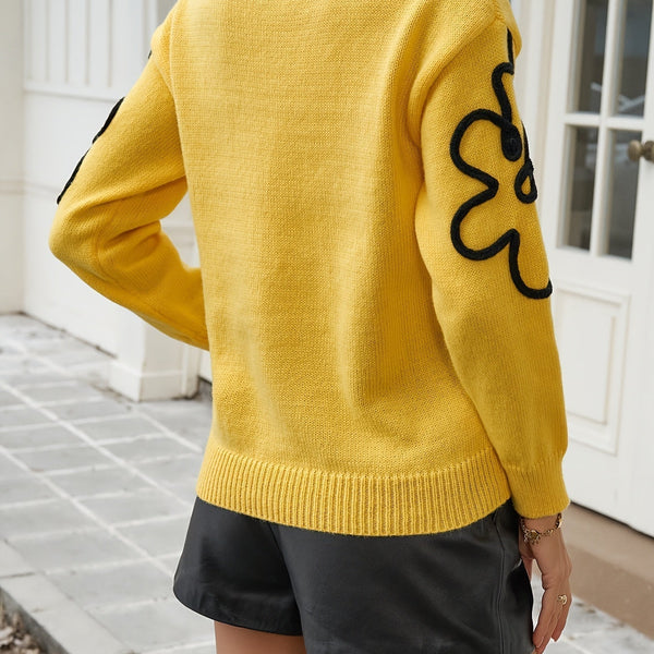 Pull Femme Élégant à Broderie Florale - Confort Doux et Style Versatile à Col Rond