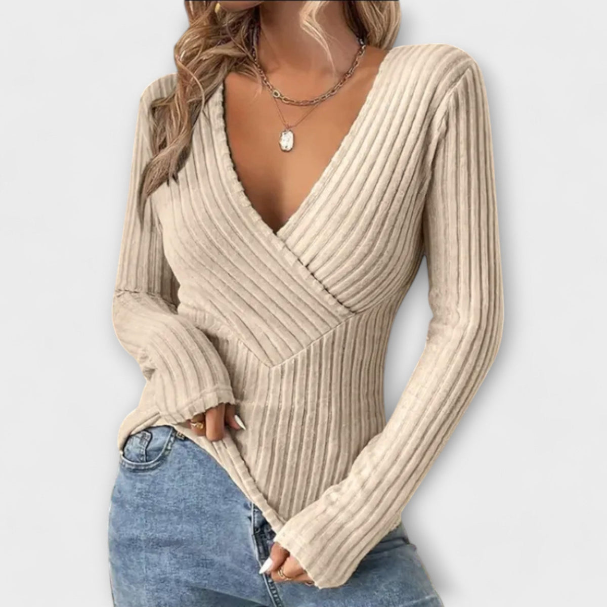 Pull Femme Élégant Col V Twist Manches Longues – Confort Quotidien