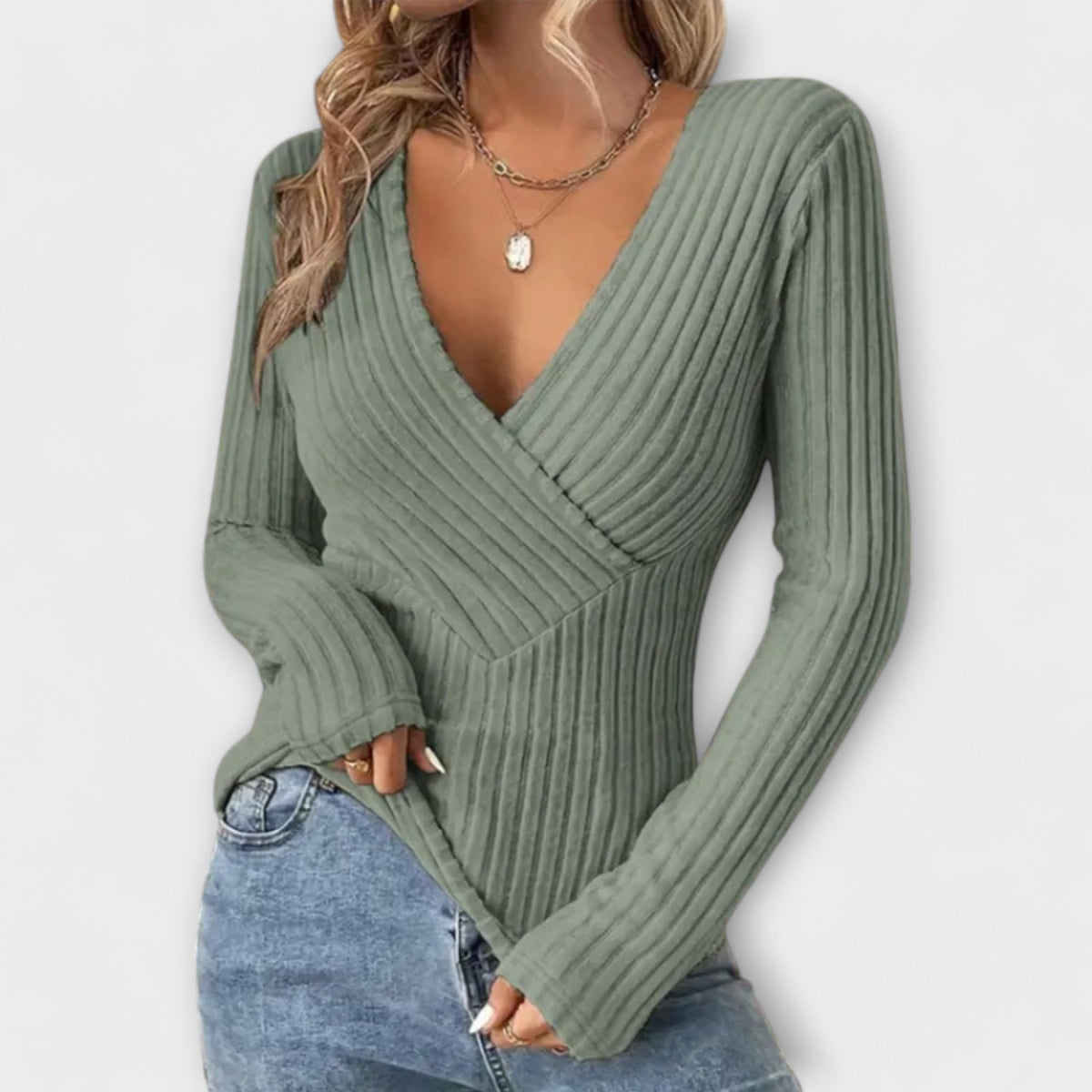 Pull Femme Élégant Col V Twist Manches Longues – Confort Quotidien