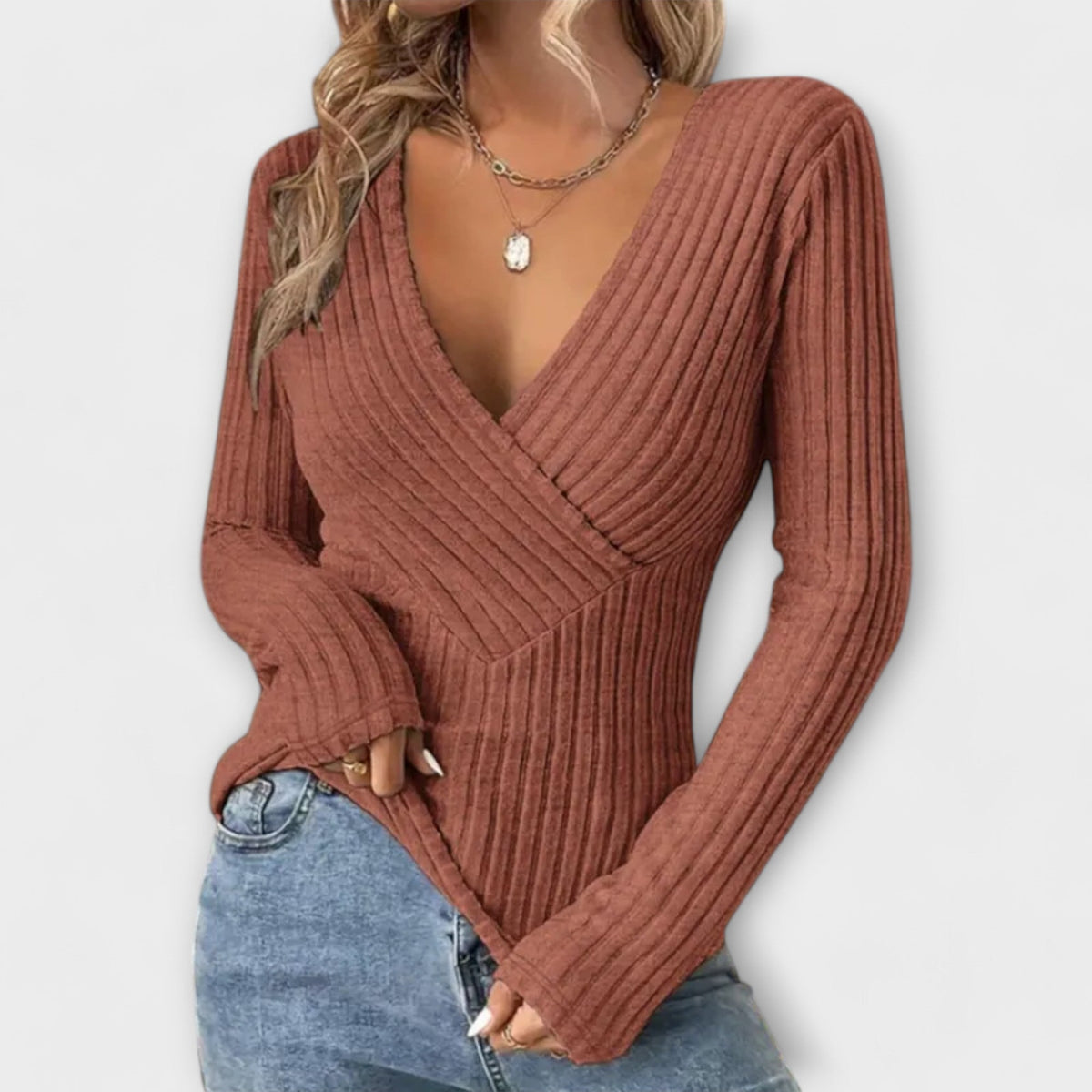 Pull Femme Élégant Col V Twist Manches Longues – Confort Quotidien