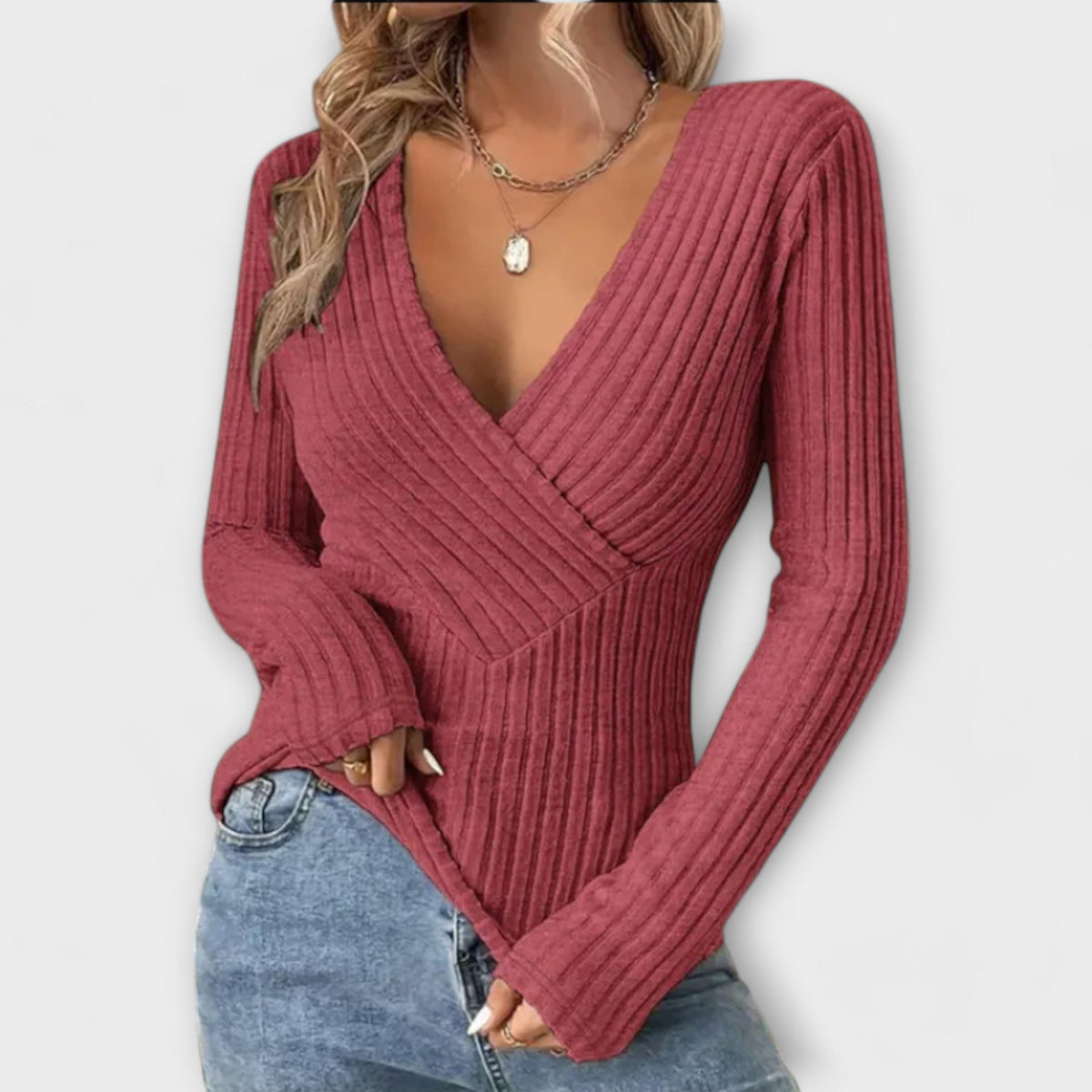 Pull Femme Élégant Col V Twist Manches Longues – Confort Quotidien