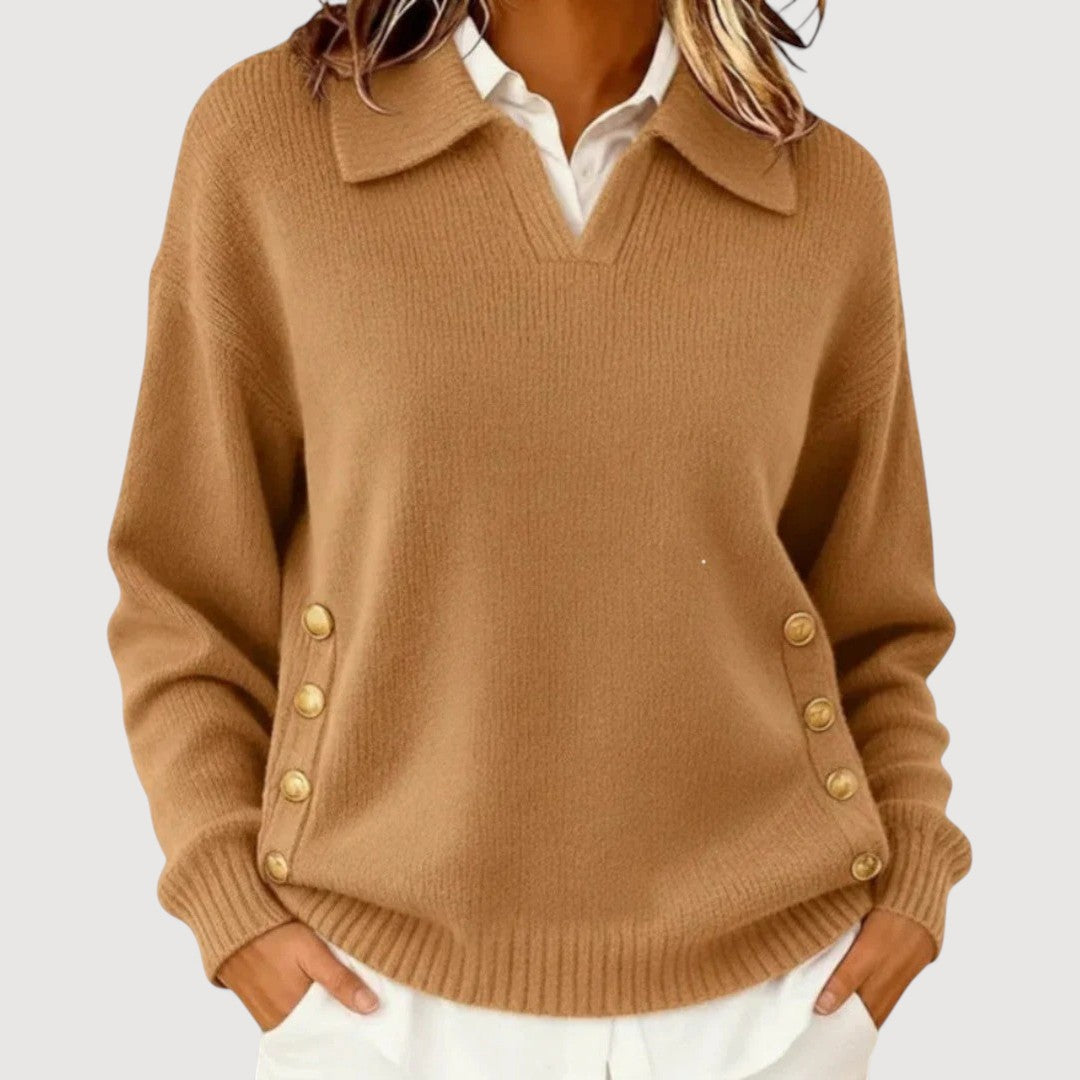 Pull Femme Manches Longues – Col Boutonné Élégant Classique