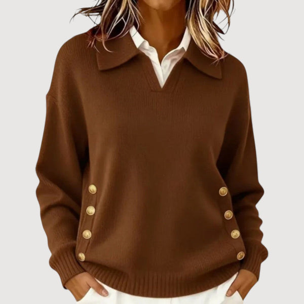 Pull Femme Manches Longues – Col Boutonné Élégant Classique
