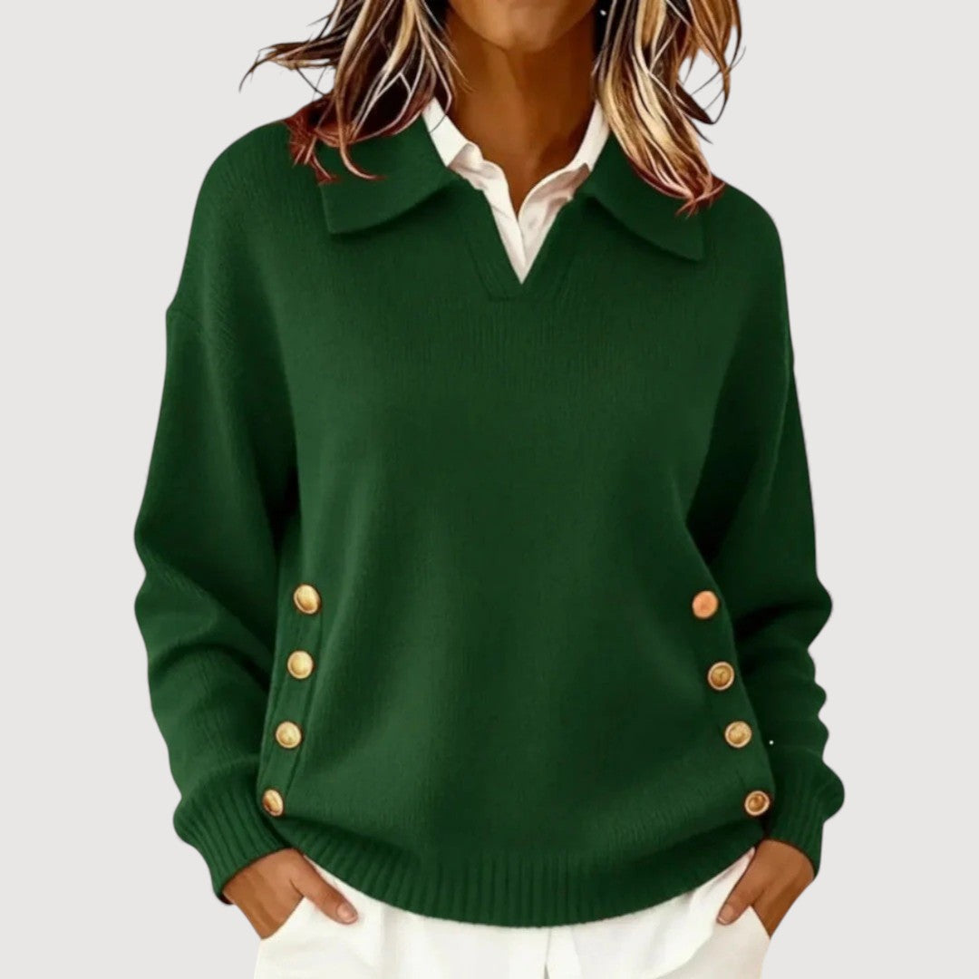 Pull Femme Manches Longues – Col Boutonné Élégant Classique