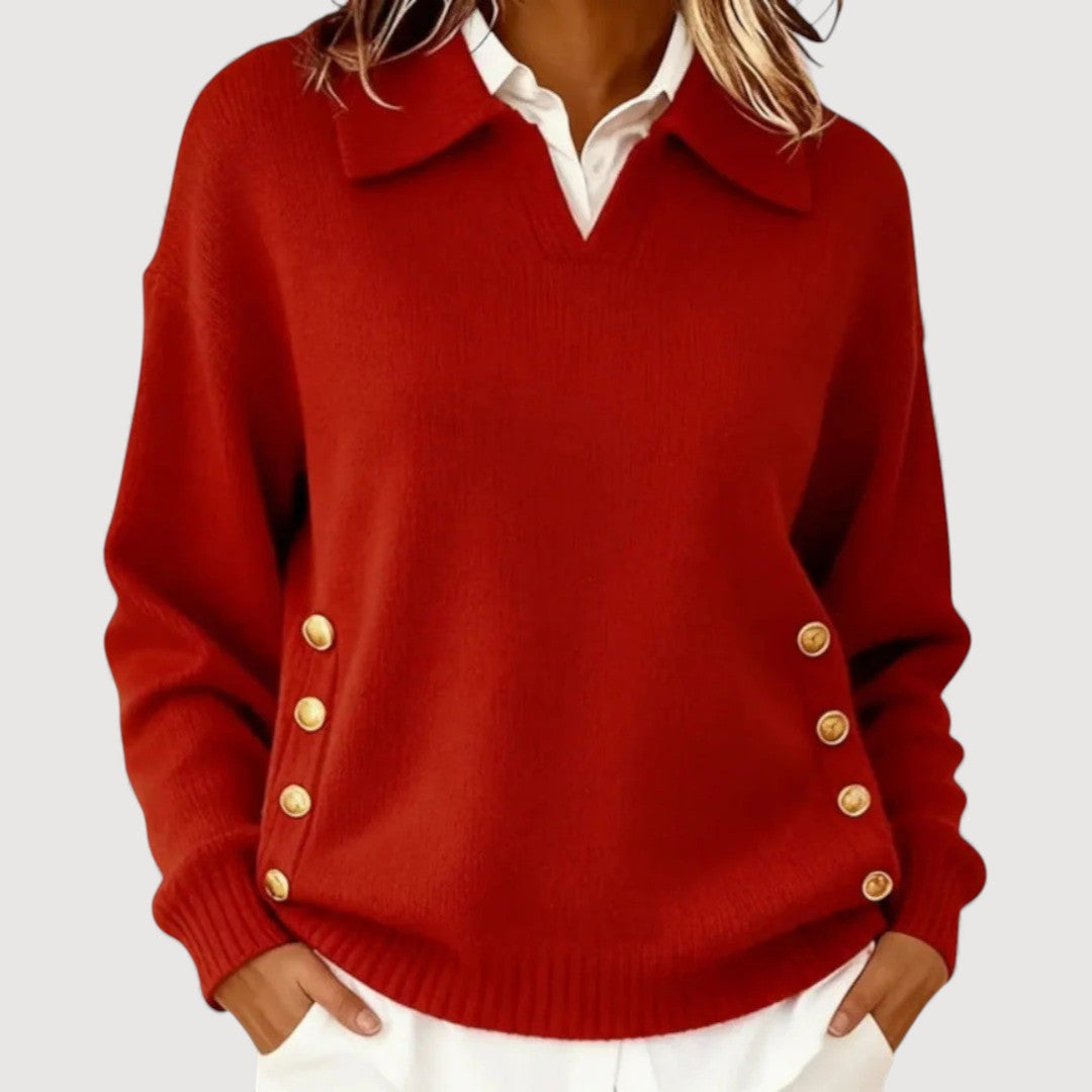 Pull Femme Manches Longues – Col Boutonné Élégant Classique