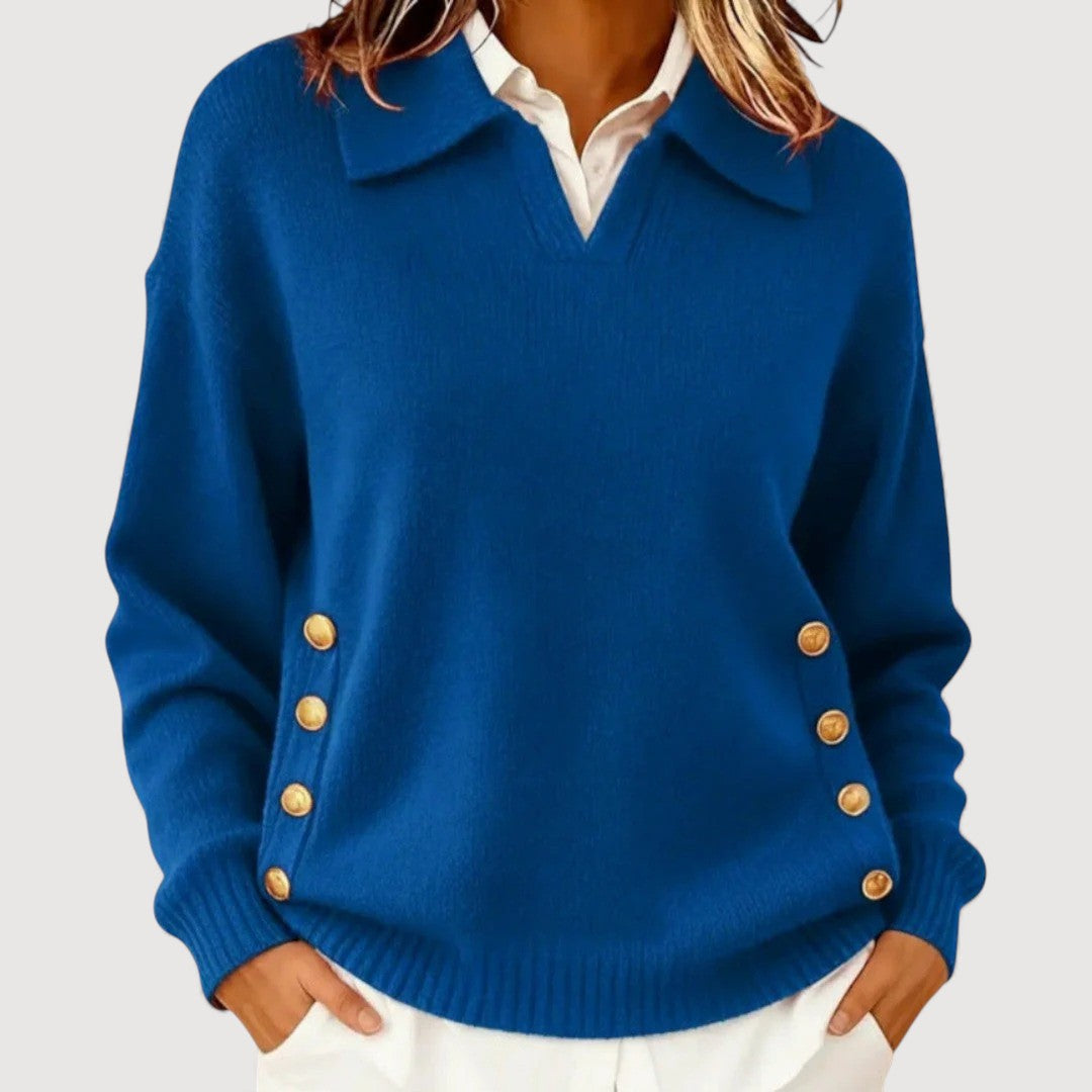 Pull Femme Manches Longues – Col Boutonné Élégant Classique