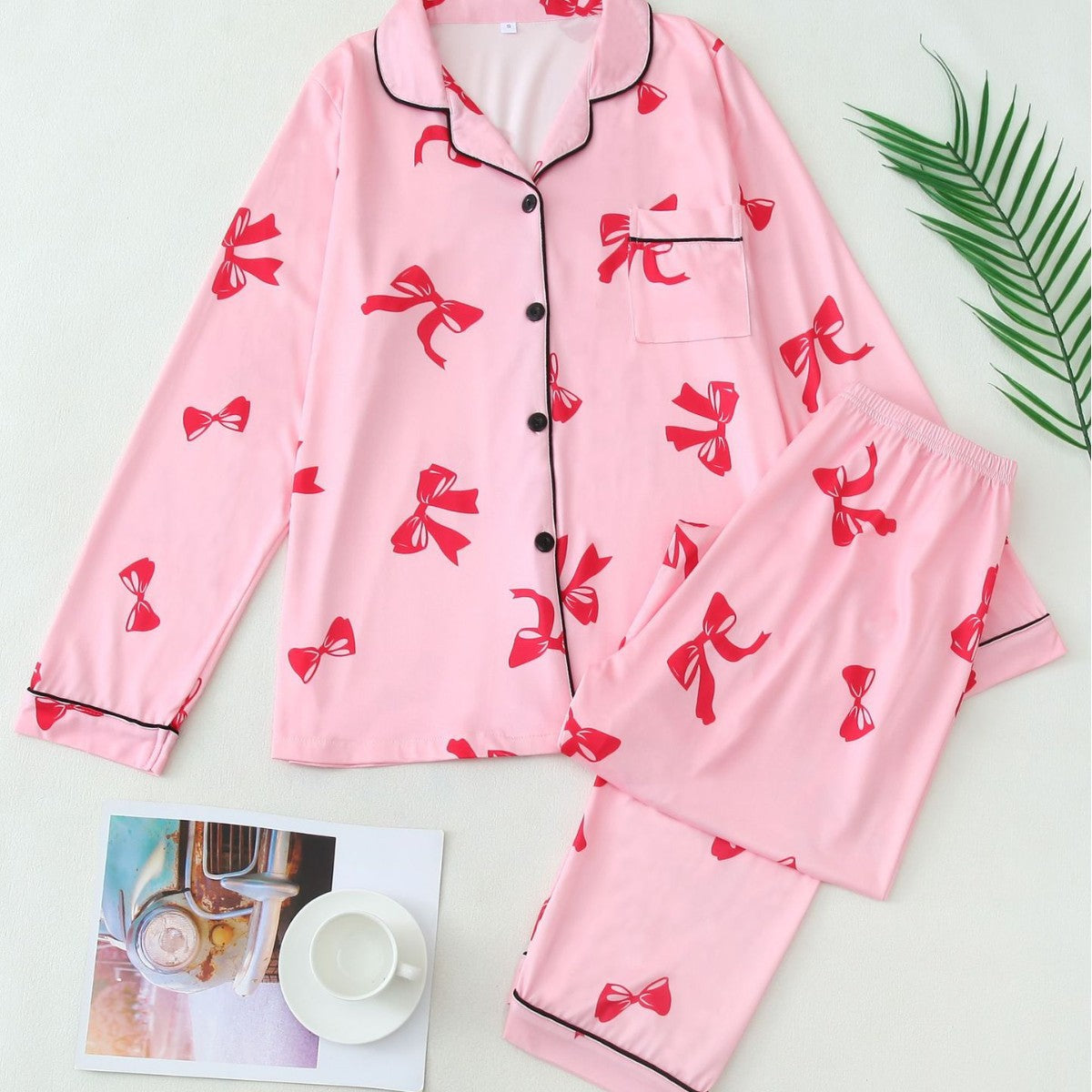 Pyjama Femme Manches Longues – Chemise Boutonnée Motif Rubanst