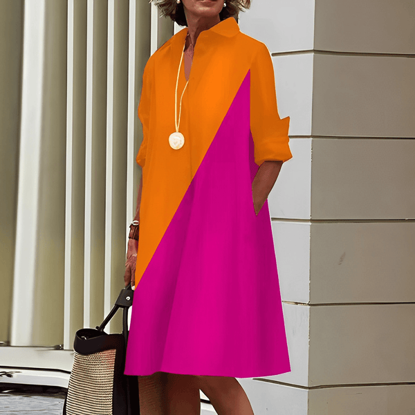 Robe chemise femme chic à col rabattu et manches 3/4