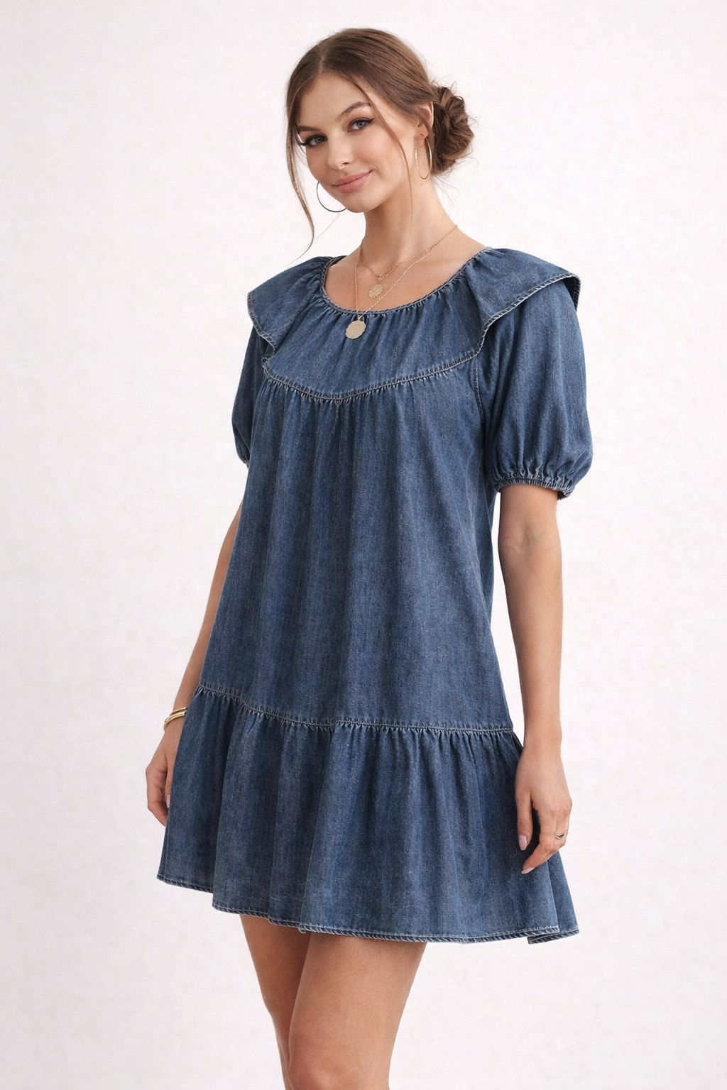 Robe Courte en Jean pour Femmes avec Manches Bouffantes