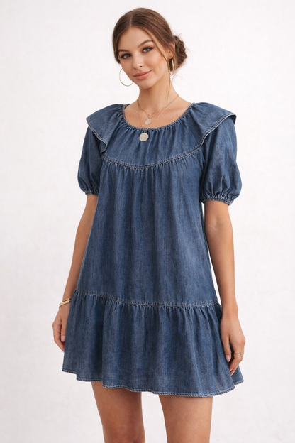 Robe Courte en Jean pour Femmes avec Manches Bouffantes