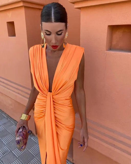 Robe de Soirée Drapée - Décolleté V Profond | Chic et Élégante