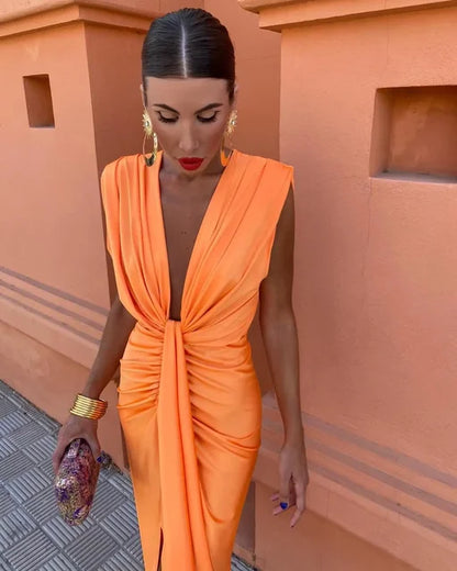 Robe de Soirée Drapée - Décolleté V Profond | Chic et Élégante