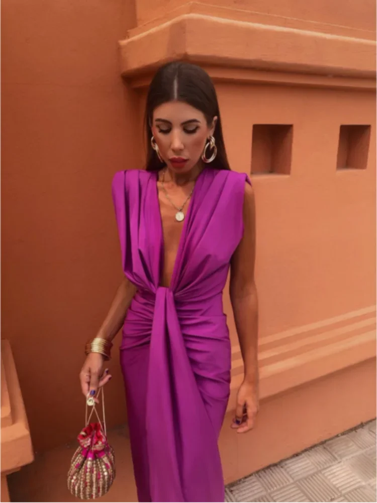 Robe de Soirée Drapée - Décolleté V Profond | Chic et Élégante