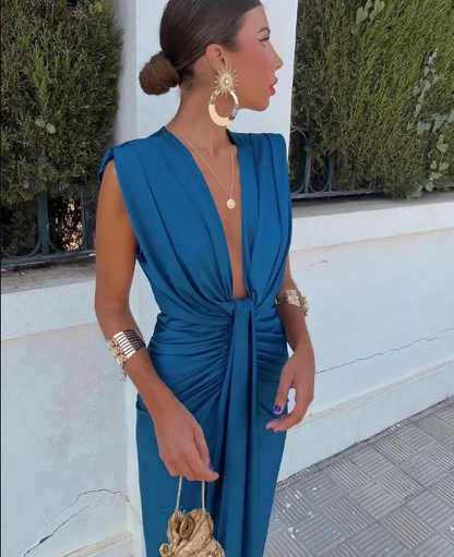 Robe de Soirée Drapée - Décolleté V Profond | Chic et Élégante