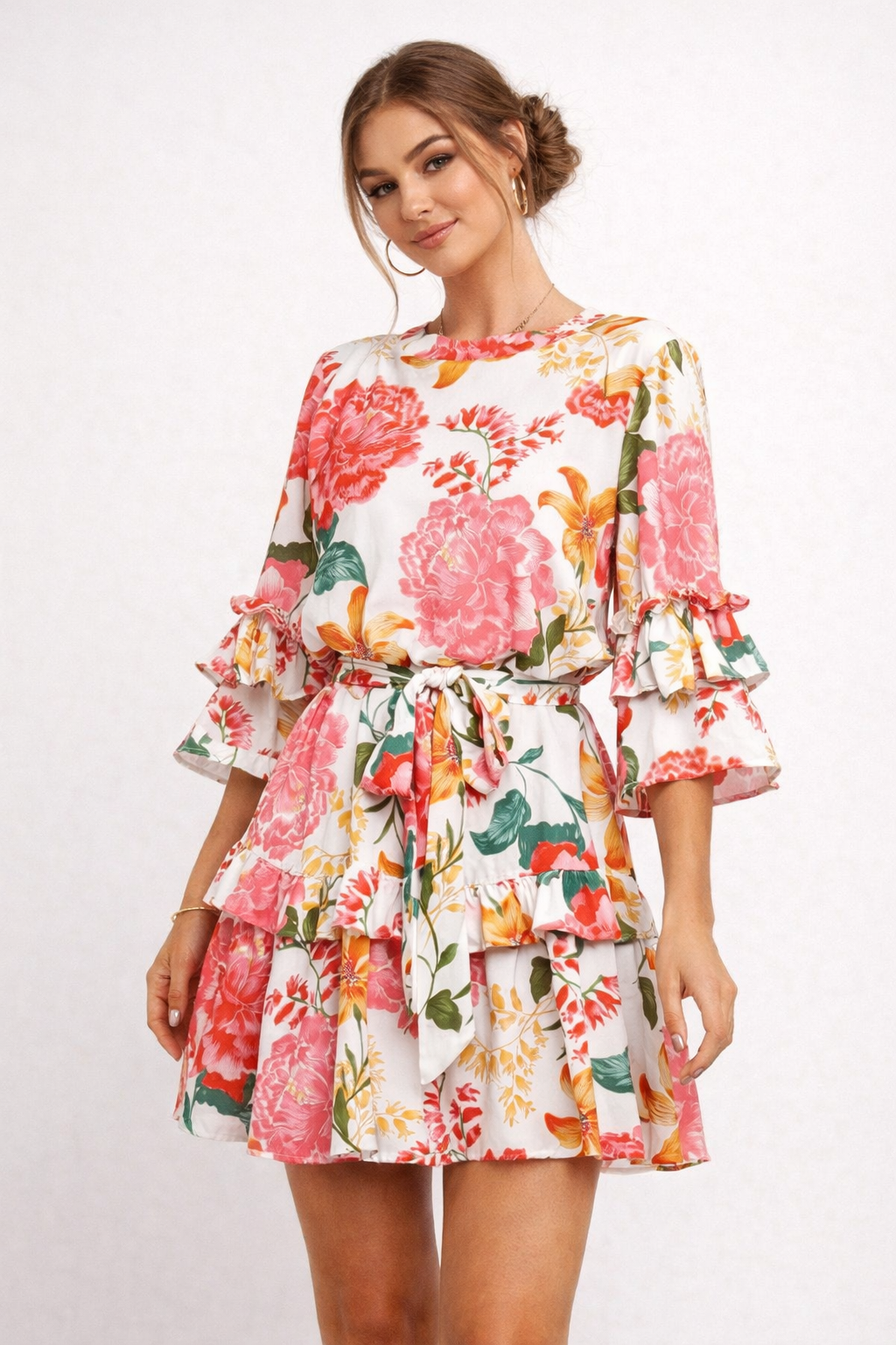 Robe Fleurie Femme à Volants et Nœud - Élégance Décontractée