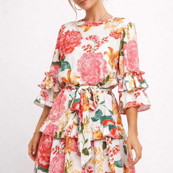 Robe Fleurie Femme à Volants et Nœud - Élégance Décontractée