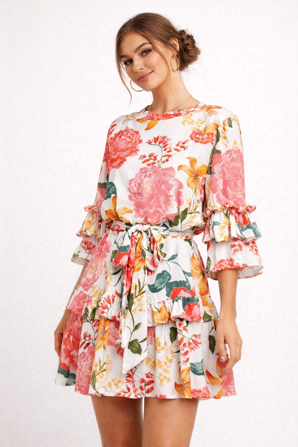 Robe Fleurie Femme à Volants et Nœud - Élégance Décontractée