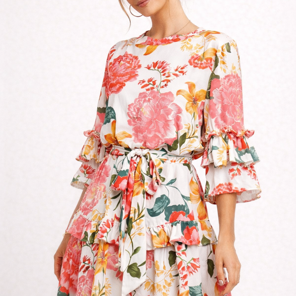 Robe Fleurie Femme à Volants et Nœud - Élégance Décontractée