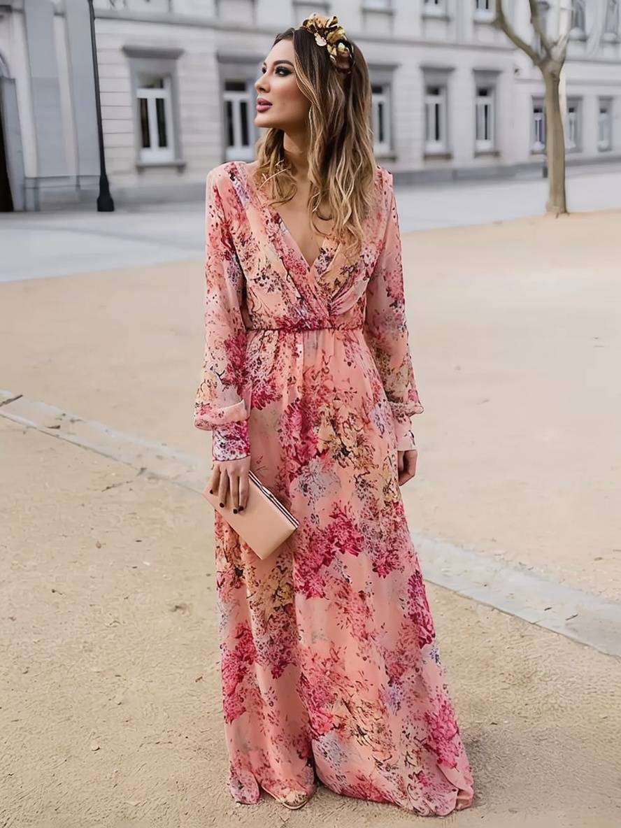 Robe Longue Fleurie Rose pour Femme – Élégance Fluide et Confort Décontracté
