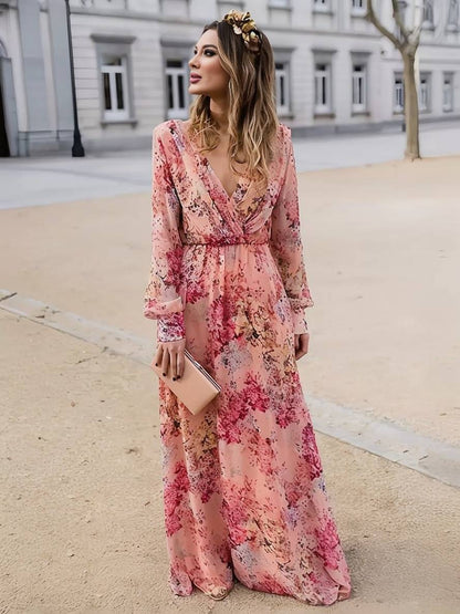 Robe Longue Fleurie Rose pour Femme – Élégance Fluide et Confort Décontracté