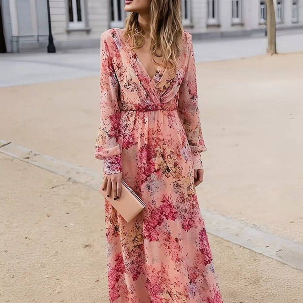 Robe Longue Fleurie Rose pour Femme – Élégance Fluide et Confort Décontracté