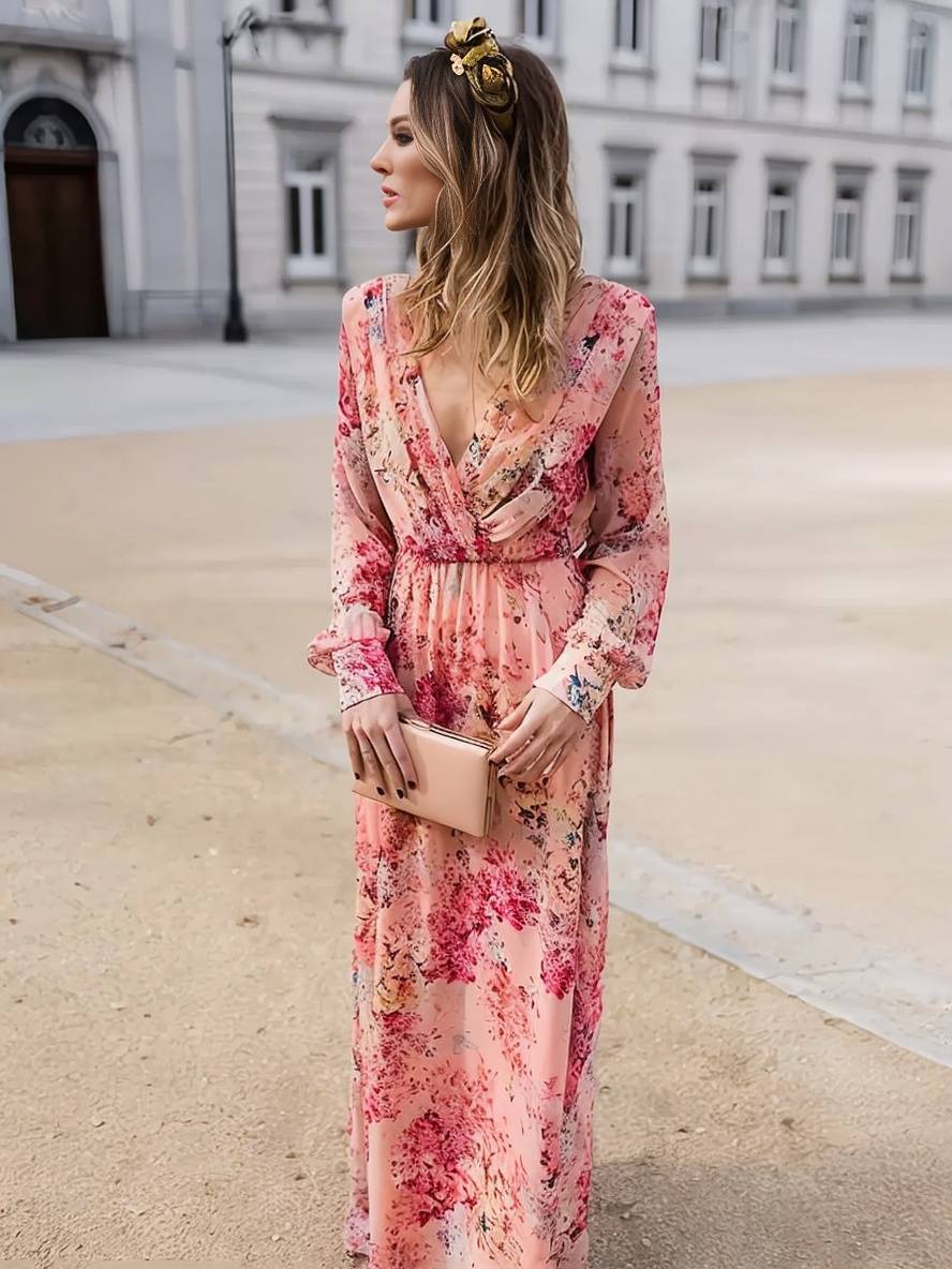 Robe Longue Fleurie Rose pour Femme – Élégance Fluide et Confort Décontracté