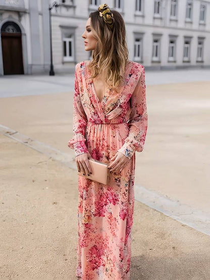 Robe Longue Fleurie Rose pour Femme – Élégance Fluide et Confort Décontracté