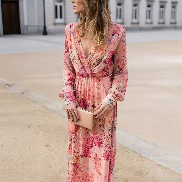 Robe Longue Fleurie Rose pour Femme – Élégance Fluide et Confort Décontracté