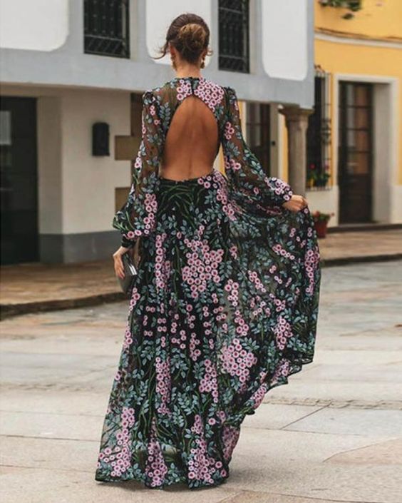 Robe Maxi Dos Nu Fleurie Vintage pour Femme - Saturnina