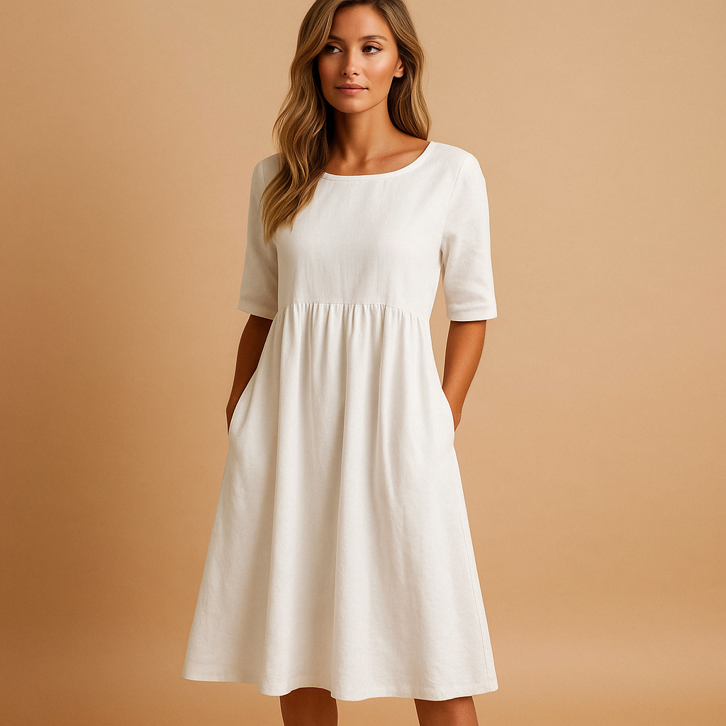 Robe Midi Femme Ample à Col Rond avec Poches – Élégance Décontractée
