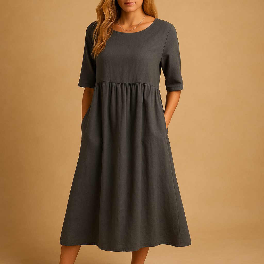 Robe Midi Femme Ample à Col Rond avec Poches – Élégance Décontractée