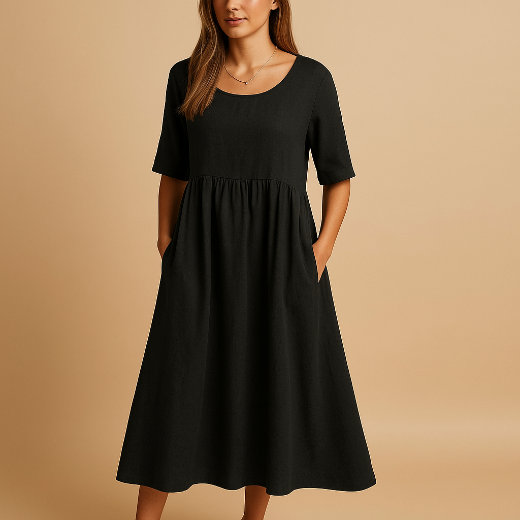 Robe Midi Femme Ample à Col Rond avec Poches – Élégance Décontractée