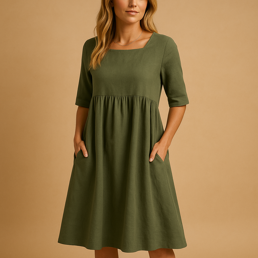 Robe Midi Femme Ample à Col Rond avec Poches – Élégance Décontractée