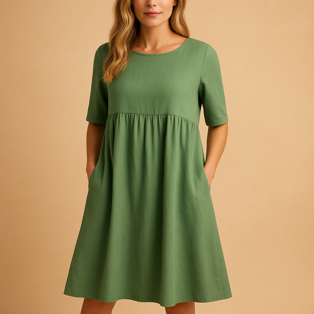 Robe Midi Femme Ample à Col Rond avec Poches – Élégance Décontractée