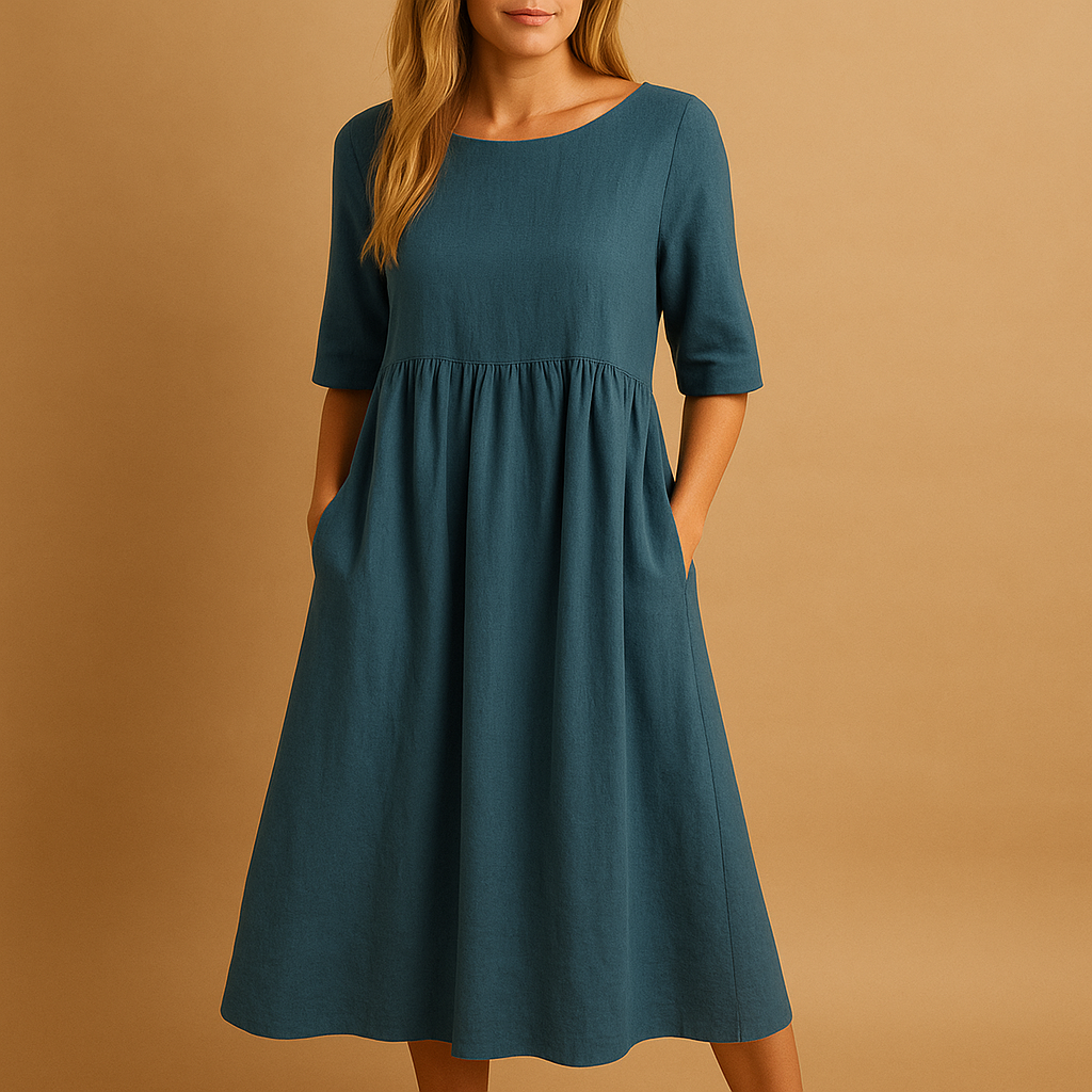 Robe Midi Femme Ample à Col Rond avec Poches – Élégance Décontractée