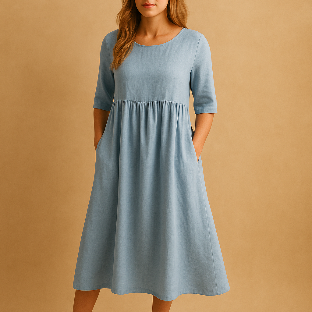 Robe Midi Femme Ample à Col Rond avec Poches – Élégance Décontractée