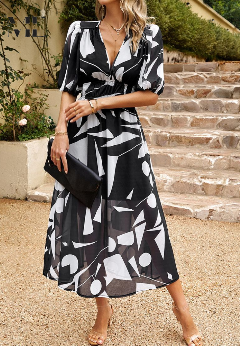 Robe Midi Bohème Femme – Imprimé Abstrait & Col V Élégant
