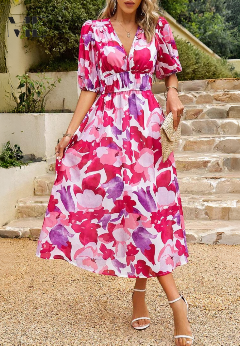 Robe Midi Bohème Femme – Imprimé Abstrait & Col V Élégant