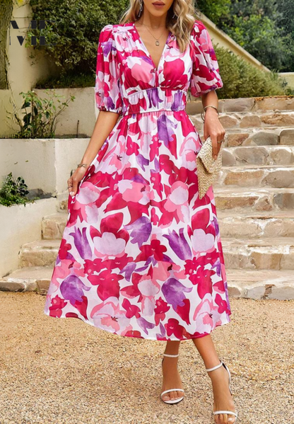 Robe Midi Bohème Femme – Imprimé Abstrait & Col V Élégant