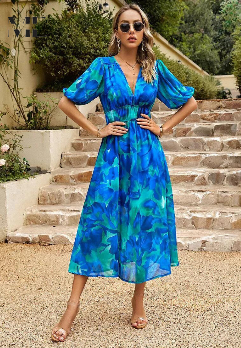 Robe Midi Bohème Femme – Imprimé Abstrait & Col V Élégant